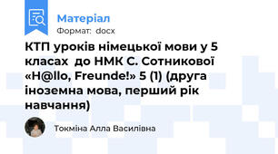 КТП уроків німецької мови у 5 класах  до НМК С. Сотникової «H@llo, Freunde!» 5 (1) (друга іноземна мова, перший рік навчання)