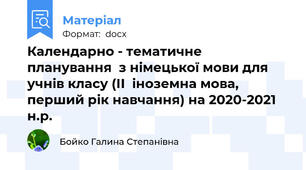 Календарно - тематичне планування  з німецької мови для учнів класу (ІІ  іноземна мова, перший рік навчання) на 2020-2021 н.р.