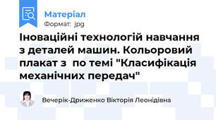 Іноваційні технологій навчання з деталей машин. Кольоровий плакат з  по темі "Класифікація механічних передач"