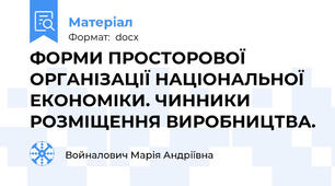 ФОРМИ ПРОСТОРОВОЇ ОРГАНІЗАЦІЇ НАЦІОНАЛЬНОЇ ЕКОНОМІКИ. ЧИННИКИ РОЗМІЩЕННЯ ВИРОБНИЦТВА.