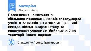 Проведення    змагання  з  військово-прикладних видів спорту,серед  учнів  8-10  класів  з  нагоди  31-ї  річниці вивода  військ  з Афганістану  та вшанування учасників  бойових  дій на  території  інших  держав