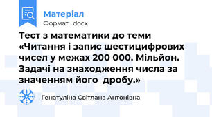 Тест з математики до теми  «Читання і запис шестицифрових чисел у межах 200 000. Мільйон. Задачі на знаходження числа за значенням його  дробу.»