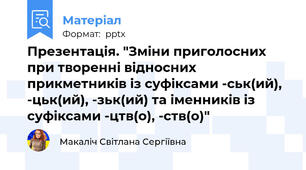 Презентація. "Зміни приголосних при творенні відносних прикметників із суфіксами -ськ(ий), -цьк(ий), -зьк(ий) та іменників із суфіксами -цтв(о), -ств(о)"