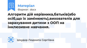 Алгоритм дій керівника,батьків(або осіб,що їх замінюють),вихователів для зарахування дитини з ООП на інклюзивне навчання.