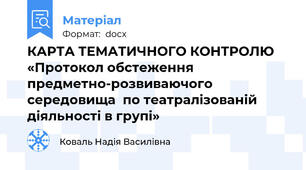 КАРТА ТЕМАТИЧНОГО КОНТРОЛЮ  «Протокол обстеження предметно-розвиваючого середовища  по театралізованій  діяльності в групі»