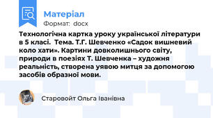 Технологічна картка уроку української літератури в 5 класі.  Тема. Т.Г. Шевченко «Садок вишневий коло хати». Картини довколишнього світу, природи в поезіях Т. Шевченка – художня реальність, створена уявою митця за допомогою засобів образної мови.