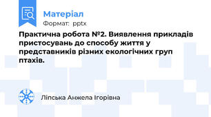 Практична робота №2. Виявлення прикладів пристосувань до способу життя у представників різних екологічних груп птахів.
