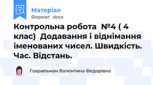 Контрольна робота  №4 ( 4 клас)  Додавання і віднімання  іменованих чисел. Швидкість. Час. Відстань.