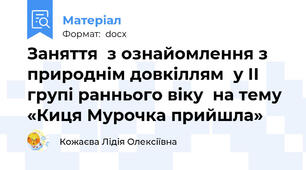 Заняття  з ознайомлення з природнім довкіллям  у ІІ групі раннього віку  на тему «Киця Мурочка прийшла»