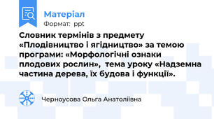 Словник термінів з предмету «Плодівництво і ягідництво» за темою програми: «Морфологічні ознаки плодових рослин»,  тема уроку «Надземна частина дерева, їх будова і функції».