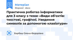 Практична роботаз інформатики для 3 класу з теми: «Види об'єктів: текстові, графічні. Уведення символів за допомогою клавіатури»