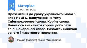 Презентація до уроку української мови 3 клас НУШ О. Вашуленко на тему Спільнокореневі слова. Корінь слова. Навчаюсь визначати корінь, добирати спільнокореневі слова. Розвиток навичок усного і писемного мовлення.