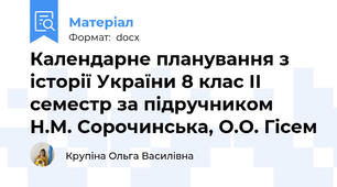 Календарне планування з історії України 8 клас ІІ семестр за підручником  Н.М. Сорочинська, О.О. Гісем