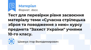 Тест для перевірки рівня засвоєння матеріалу теми «Сучасна стрілецька зброя та поводження з нею» курсу предмета "Захист України" учнями 10-го класу.