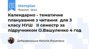 Календарно - тематичне планування з читання  для 3 класу НУШ   ІІ семестр за підручником О.Вашуленко 4 год