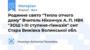 Родинне свято "Тепло отчого дому" Вчитель Нікончук А. П. НВК "ЗОШ І-ІІІ ступеня-гімназія" смт Стара Вижівка Волинської обл.