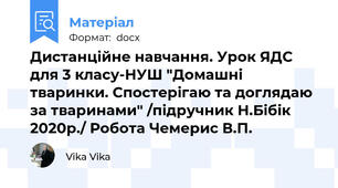 Дистанційне навчання. Урок ЯДС для 3 класу-НУШ "Домашні тваринки. Спостерігаю та доглядаю за тваринами" /підручник Н.Бібік 2020р./ Робота Чемерис В.П.