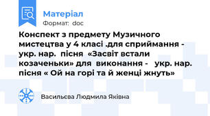 Конспект з предмету Музичного мистецтва у 4 класі .для сприймання -  укр. нар.  пісня  «Засвіт встали козаченьки» для  виконання -   укр. нар. пісня « Ой на горі та й женці жнуть»