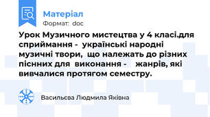 Урок Музичного мистецтва у 4 класі.для сприймання -  українські народні музичні твори,  що належать до різних   піснних для  виконання -    жанрів, які вивчалися протягом семестру.