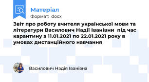 Звіт про роботу вчителя української мови та літератури Василович Надії Іванівни  під час карантину з 11.01.2021 по 22.01.2021 року в умовах дистанційного навчання