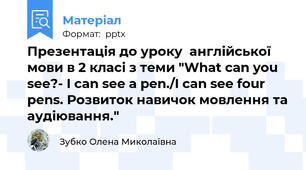 Презентація до уроку  англійської мови в 2 класі з теми "What can you see?- I can see a pen./I can see four pens. Розвиток навичок мовлення та аудіювання."