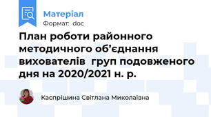 План роботи районного методичного об’єднання вихователів  груп подовженого дня на 2020/2021 н. р.