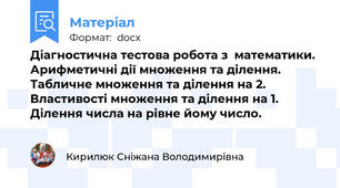 Діагностична тестова робота з  математики. Арифметичні дії множення та ділення. Табличне множення та ділення на 2. Властивості множення та ділення на 1. Ділення числа на рівне йому число.