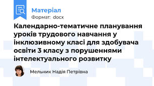 Календарно-тематичне планування уроків трудового навчання у інклюзивному класі для здобувача освіти 3 класу з порушеннями інтелектуального розвитку
