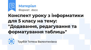 Конспект уроку з інформатики для 5 класу на тему: "Додавання, редагування та форматування таблиць"