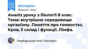 Аналіз уроку з біології 8 клас.  Тема: внутрішнє середовище організму. Поняття про гомеостаз. Кров, її склад і функції. Лімфа.