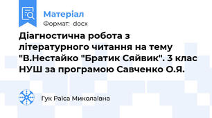 Діагностична робота з літературного читання на тему "В.Нестайко "Братик Сяйвик". 3 клас НУШ за програмою Савченко О.Я.