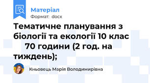 Тематичне планування з біології та екології 10 клас           70 години (2 год. на тиждень);