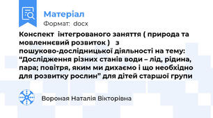 Конспект  інтегрованого заняття ( природа та мовленнєвий розвиток )   з пошуково-дослідницької діяльності на тему:  “Дослідження різних станів води – лід, рідина, пара; повітря, яким ми дихаємо і що необхідно для розвитку рослин” для дітей старшої групи