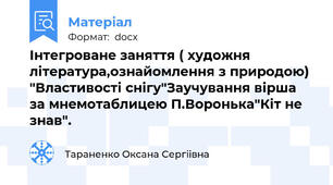 Інтегроване заняття ( художня література,ознайомлення з природою) "Властивості снігу"Заучування вірша за мнемотаблицею П.Воронька"Кіт не знав".