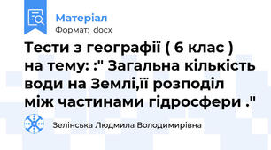 Тести з географії ( 6 клас ) на тему: :″ Загальна кількість води на Землі,її розподіл між частинами гідросфери .″