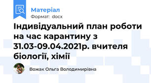 Індивідуальний план роботи на час карантину з 31.03-09.04.2021р. вчителя біології, хімії