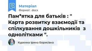Пам*ятка для батьків : " Карта розвитку взаємодії та спілкування дошкільників  з однолітками ".