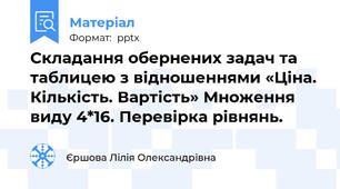 Складання обернених задач та таблицею з відношеннями «Ціна. Кількість. Вартість» Множення виду 4*16. Перевірка рівнянь.