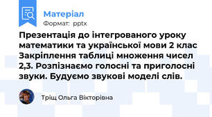 Презентація до інтегрованого уроку математики та української мови 2 клас  Закріплення таблиці множення чисел 2,3. Розпізнаємо голосні та приголосні звуки. Будуємо звукові моделі слів.