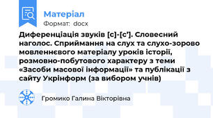 Диференціація звуків [с]-[с’]. Словесний наголос. Сприймання на слух та слухо-зорово мовленнєвого матеріалу уроків історії, розмовно-побутового характеру з теми «Засоби масової інформації» та публікації з сайту Укрінформ (за вибором учнів)