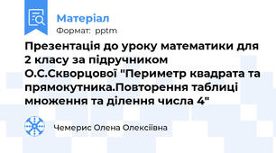 Презентація до уроку математики для 2 класу за підручником О.С.Скворцової "Периметр квадрата та прямокутника.Повторення таблиці множення та ділення числа 4"