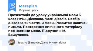 Презентація до уроку української мови 3 клас НУШ. Дієслово. Часи дієслів. Розбір дієслова як частини мови. Розвиток навичок письма. Повторення вивченого матеріалу про частини мови. Підручник: М. Вашуленко.