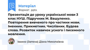 Презентація до уроку української мови 3 клас НУШ. Підручник М. Вашуленко. Повторення вивченого про частини мови. Іменник. Прикметник. Числівник. Будова слова. Розвиток навичок усного і писемного мовлення.