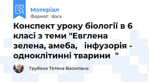 Конспект уроку біології в 6 класі з теми "Евглена зелена, амеба,   інфузорія - одноклітинні тварини  "
