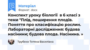 Конспект уроку біології  в 6 класі з теми "Плід, поширення плодів. Поняття про класифікацію рослин. Лабораторні дослідження: будова насінини; будова плода. Насінина. »