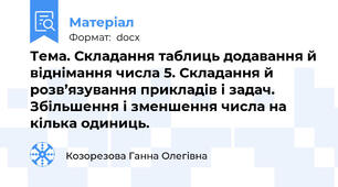 Тема. Складання таблиць додавання й віднімання числа 5. Складання й розв’язування прикладів і задач. Збільшення і зменшення числа на кілька одиниць.