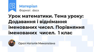 Урок математики. Тема уроку:	 Додавання і віднімання іменованих чисел. Порівняння іменованих  чисел.  1 клас