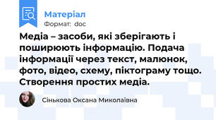 Медіа – засоби, які зберігають і поширюють інформацію. Подача інформації через текст, малюнок, фото, відео, схему, піктограму тощо. Створення простих медіа.