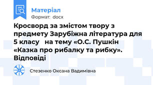 Кросворд за змістом твору з предмету Зарубіжна література для  5 класу   на тему «О.С. Пушкін «Казка про рибалку та рибку».  Відповіді