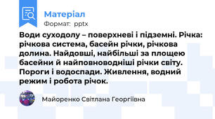 Води суходолу – поверхневі і підземні. Річка: річкова система, басейн річки, річкова долина. Найдовші, найбільші за площею басейни й найповноводніші річки світу. Пороги і водоспади. Живлення, водний режим і робота річок.